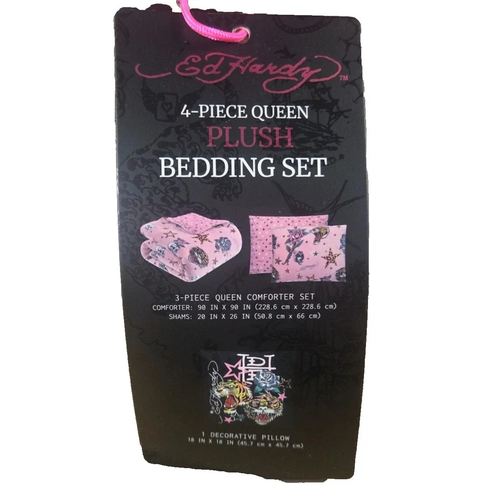 Ed Hardy Queen Comforter Set 4 Piece Pink Tiger Skull Rose Plush Bedding New